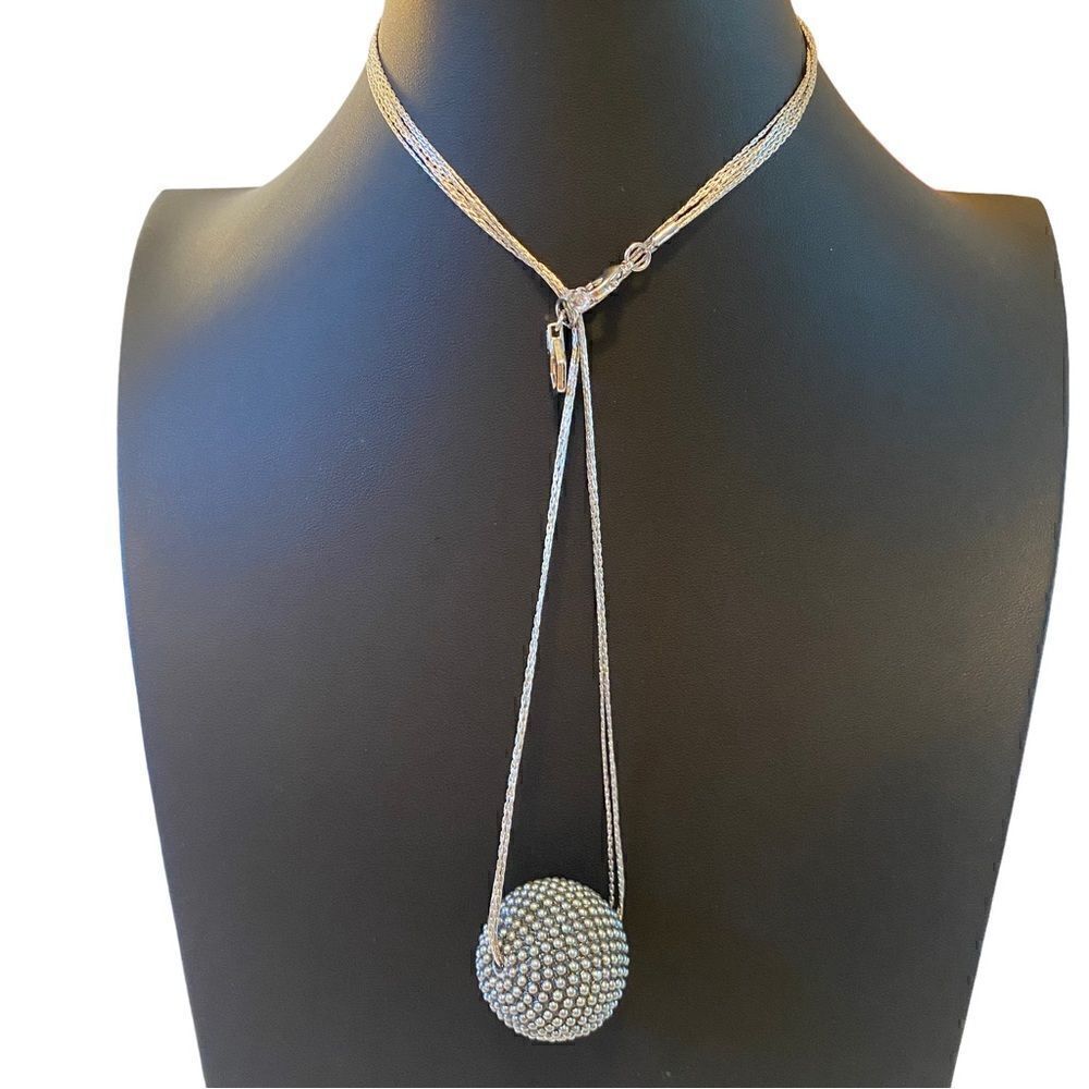 Silver Ball Pendant Necklace on Thin Triple Layered Silver Toned Chain.
